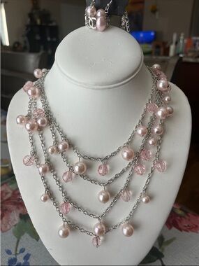 paparazzi Pink Pearl & Crystal Multi-Strand Necklace Set , necklace length 15 in